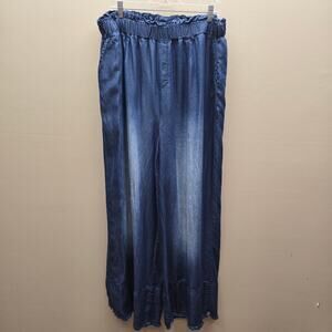 Zenana High Rise Paperbag Waist Wide-Leg Chambray Pants Pull on Frayed Hem 1X